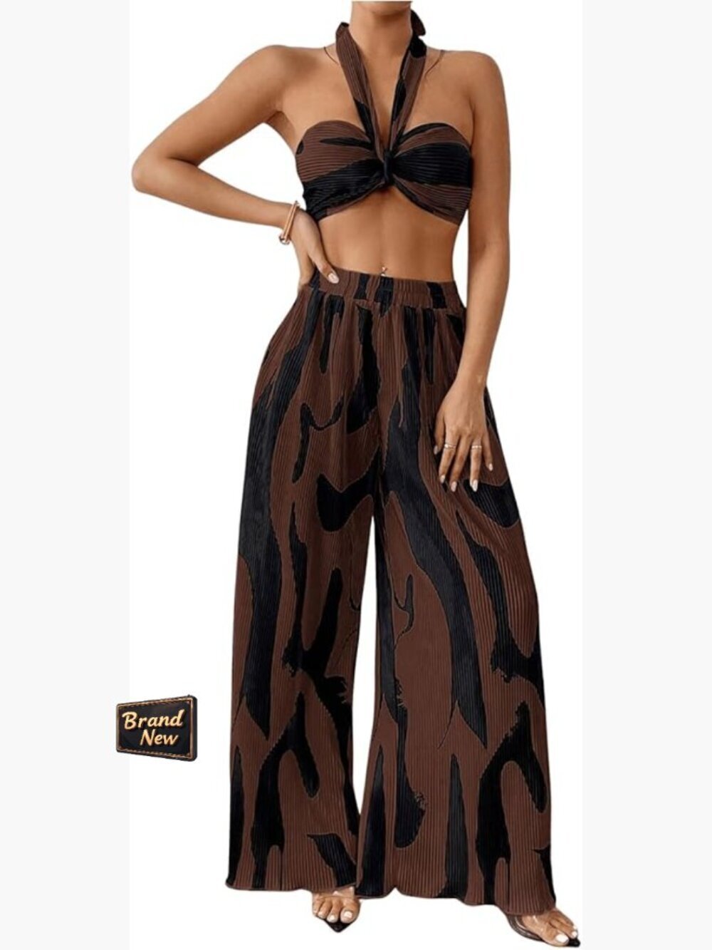 2 Piece Vacation Outfit Crop Top & Wide Leg Pants Set Knitted